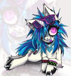 Size: 792x841 | Tagged: safe, artist:k4ndi_v3nison, dj pon-3, vinyl scratch, pony, unicorn, g4, blue hair, bracelet, colored hooves, ear piercing, eye clipping through hair, eyebrows, eyebrows visible through hair, female, gauges, glasses, horn, jewelry, lying down, mare, nose piercing, piercing, scene, septum piercing, solo, watermark, white coat, wristband, zoom layer
