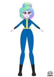 Size: 3535x5000 | Tagged: safe, artist:theminus, princess celestia, principal celestia, human, equestria girls, g4, breasts, busty princess celestia, clothes, fallout, female, front view, jumpsuit, show accurate, simple background, solo, solo female, transparent background, vault 69, vault suit, vector
