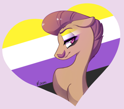 Size: 2767x2431 | Tagged: safe, artist:kaenn, oc, oc only, oc:partie fine, earth pony, commission, eyeshadow, facial hair, floppy ears, heart, makeup, nonbinary, nonbinary pride flag, pride, pride flag, pride month, simple background, solo, ych result