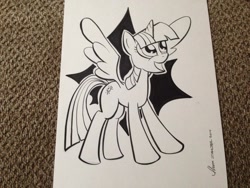 Size: 1024x768 | Tagged: safe, artist:thom zahler, twilight sparkle, alicorn, pony, g4, 2014, black and white, commission, female, grayscale, heroescon, heroescon 2014, horn, mare, monochrome, open mouth, open smile, photo, smiling, solo, spread wings, tail, traditional art, twilight sparkle (alicorn), wings