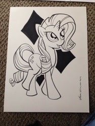 Size: 768x1024 | Tagged: safe, artist:thom zahler, rarity, pony, unicorn, g4, 2014, black and white, commission, female, grayscale, heroescon, heroescon 2014, horn, looking up, mare, monochrome, open mouth, open smile, photo, raised leg, signature, smiling, solo, tail, traditional art