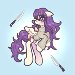 Size: 1925x1925 | Tagged: safe, artist:tuskonline, pegasus, pony, blue background, clothes, cutie mark, doki doki literature club!, female, knife, mare, ponified, purple eyes, purple mane, purple tail, simple background, smiling, solo, spread wings, sweater, tail, turtleneck, wings, yuri (ddlc)