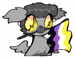 Size: 2228x1717 | Tagged: safe, artist:larvaecandy, oc, oc only, oc:grey the griffon, griffon, beak, beanbrows, big eyes, chest fluff, commission, ear fluff, eye clipping through hair, eyebrows, eyebrows visible through hair, eyelashes, fangs, flag, floppy ears, gray feathers, grey hair, griffon oc, holding flag, mouth hold, non-pony oc, nonbinary, nonbinary oc, nonbinary pride flag, pride, pride flag, shiny hair, short hair, simple background, small wings, smiling, solo, spread wings, transgender oc, white background, wingding eyes, wings, ych result, yellow eyes
