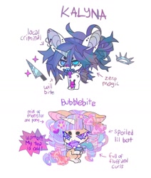 Size: 1357x1602 | Tagged: safe, artist:cutesykill, oc, oc only, oc:bubble bleb, oc:kalyna, monster pony, pony, unicorn, bandage, bandaged leg, bandaged neck, bandaid, bandaid on nose, beanbrows, bear trap, beauty mark, big ears, big head, blank flank, blaze (coat marking), blue eyes, blue sclera, blue teeth, bow, chibi, coat markings, colored eyebrows, colored horn, colored muzzle, colored pinnae, colored sclera, colored teeth, cup, curly mane, curly tail, dialogue, duo, duo female, ear piercing, earring, ears back, eyebrows, facial markings, female, hair bow, hair bun, horn, jewelry, knife, long mane, mare, mealy mouth (coat marking), multicolored mane, multicolored tail, narrowed eyes, open frown, open mouth, orange coat, piercing, pink bow, purple eyes, purple mane, purple tail, purple teeth, purple text, raised hooves, ringlets, short tail, simple background, sitting, slit pupils, socks (coat markings), speech bubble, standing, tail, teacup, text, thick eyelashes, tied mane, unicorn horn, unicorn oc, white background, white coat