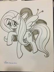Size: 768x1024 | Tagged: safe, artist:thom zahler, fluttershy, pegasus, pony, g4, 2014, commission, cutie mark background, female, mare, signature, solo, spread wings, traditional art, wings, wizard world columbus comic con, wizard world columbus comic con 2014