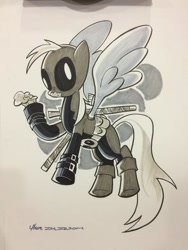 Size: 768x1024 | Tagged: safe, artist:thom zahler, derpy hooves, pegasus, pony, g4, 2014, clothes, cosplay, costume, deadpool, eating, female, flying, food, grayscale, mare, marvel, messy eating, monochrome, muffin, pouch, solo, spread wings, sword, tail, that pony sure does love muffins, traditional art, weapon, wings, wizard world columbus comic con, wizard world columbus comic con 2014