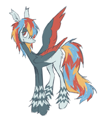 Size: 1121x1286 | Tagged: safe, artist:webkinzworldz, oc, oc only, oc:wishbone, pegasus, pony, bald face, blank flank, blaze (coat marking), blue coat, blushing, butt fluff, coat markings, colored, colored wings, colored wingtips, ear fluff, facial markings, flat colors, leg fluff, leg strips, lidded eyes, long mane, long tail, looking back, male, multicolored eyes, multicolored pupils, nose blush, one wing out, pegasus oc, ponysona, profile, red eyes, red wingtips, simple background, smiling, solo, stallion, standing, tail, tall ears, thin legs, three toned mane, three toned tail, tri-color mane, tri-color tail, tri-colored mane, tri-colored tail, tricolor mane, tricolor tail, tricolored tail, two toned coat, two toned wings, white background, wings, wolf cut