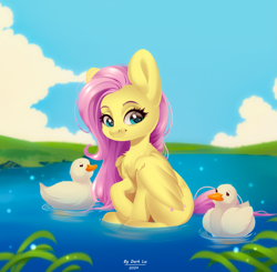 Size: 1661x1627 | Tagged: safe, artist:dark_lu, fluttershy, bird, duck, pegasus, pony, g4, chest fluff, cloud, female, folded wings, grass, lake, mare, outdoors, partially submerged, sitting, sky, smiling, solo, water, wings