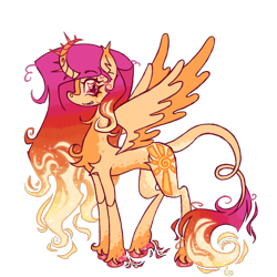 Size: 2048x2048 | Tagged: safe, artist:cingulomana, part of a set, princess celestia, alicorn, pony, g4, alternate design, alternate eye color, alternate hairstyle, alternate mane color, alternate tail color, alternate tailstyle, alternate universe, blaze (coat marking), chest fluff, coat markings, colored eartips, colored hooves, colored horn, colored horntip, colored wings, colored wingtips, curved horn, ear fluff, ear tufts, ethereal fetlocks, ethereal mane, ethereal tail, eyebrows, eyebrows visible through hair, eyelashes, facial markings, female, fetlock tuft, fiery fetlocks, fiery mane, fiery tail, gradient mane, gradient tail, high res, horn, leonine tail, long legs, long mane, long tail, looking back, mare, orange coat, orange wingtips, red eyes, red hooves, shiny hooves, shoulder fluff, simple background, smiling, socks (coat markings), solo, sparkly eyes, spiked horn, splotches, spread wings, standing, starry eyes, straight mane, tail, tall ears, thick eyelashes, thin, thin legs, transparent background, two toned wings, unicorn horn, unshorn fetlocks, unusual pupils, wide eyes, wingding eyes, wings, young celestia, younger