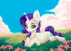 Size: 2560x1834 | Tagged: safe, alternate version, artist:dark_lu, artist:dark_lu~, rarity, pony, unicorn, g4, cloud, female, flower, grass, horn, looking at you, lying down, mare, outdoors, prone, sky, smiling, smiling at you, solo, sploot, tail