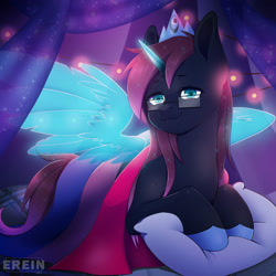 Size: 2000x2000 | Tagged: safe, alternate character, alternate version, artist:erein, oc, oc only, oc:osiris eclipse, alicorn, pony, alicorn oc, bedroom, bisexual, bisexual pride flag, blue eyes, commission, crown, ears up, ethereal mane, flag, garland, glasses, high res, hoof shoes, horn, indoors, jewelry, lgbt, looking at you, male, night, pillow, pride, pride flag, pride month, regalia, room, smiling, smiling at you, solo, spread wings, starry mane, starry tail, string lights, tail, wings, ych result