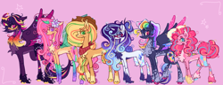 Size: 2048x786 | Tagged: safe, artist:cingulomana, part of a set, applejack, fluttershy, pinkie pie, rainbow dash, rarity, twilight sparkle, alicorn, butterfly, butterfly pony, earth pony, hybrid, pegasus, pony, unicorn, g4, ahoge, alternate accessories, alternate color palette, alternate cutie mark, alternate design, alternate eye color, alternate hairstyle, alternate mane color, alternate tail color, alternate tailstyle, alternate universe, antennae, applejack's hat, bandana, big tail, blaze (coat marking), blonde mane, blonde tail, blue eyes, blue eyeshadow, blue pupils, braid, braided ponytail, chest fluff, clothes, cloven hooves, coat markings, colored, colored belly, colored eartips, colored eyebrows, colored hooves, colored horn, colored muzzle, colored pupils, colored sclera, colored wings, colored wingtips, concave belly, cowboy hat, crystal eyes, curly mane, curly tail, curved horn, cutie mark accessory, cutie mark earrings, cutie mark eyes, ear fluff, ear piercing, ear tufts, earring, ethereal fetlocks, ethereal mane, eye clipping through hair, eyebrow slit, eyebrows, eyebrows visible through hair, eyelashes, eyeshadow, facial markings, female, flat colors, floppy ears, flower, flower in hair, flower in tail, flutterfly, food, four wings, freckles, frosting, gauges, gem eyes, glasses, glowing, glowing horn, gold hooves, gradient mane, gradient tail, gray hooves, green eyes, green eyeshadow, green pupils, green wings, group, hair bun, hat, height difference, hooves, horn, horn ring, jewelry, leg fluff, leonine tail, lidded eyes, long eyelashes, long legs, long mane, long neck, long tail, looking at you, looking back, makeup, mane six, mare, mealy mouth (coat marking), messy, messy mane, mismatched hooves, mullet, multicolored hair, multicolored hooves, multicolored mane, multicolored tail, multicolored wings, multiple wings, narrowed eyes, neck fluff, neckerchief, orange coat, orange eyeshadow, pale belly, pearl earrings, piercing, pink background, pink coat, pink eyes, pink hooves, pink mane, pink pupils, pink tail, pink wingtips, ponytail, profile, purple coat, purple eyes, purple pupils, purple wings, rainbow hair, rainbow tail, rainbow wings, rainbow wingtips, raised hoof, rarity's glasses, ring, scarf, see-through wings, sextet, shiny eyes, shiny hooves, shoulder fluff, silver jewelry, simple background, size chart, size comparison, slender, smiling, smiling at you, snip (coat marking), socks (coat markings), solo, sparkles, sparkly eyes, sparkly hooves, sparkly legs, sparkly mane, sparkly wings, sparkly wingtips, species swap, splotches, spread wings, sprinkles in tail, standing, starry eyes, starry fetlocks, starry mane, stars, straw in mouth, tail, tail accessory, tail jewelry, tall ears, thin, thin legs, three toned mane, tied mane, tongue out, transparent background, tri-color mane, tri-color tail, tri-colored mane, tri-colored tail, tricolor mane, tricolor tail, tricolored mane, tricolored tail, twilight sparkle (alicorn), two toned wings, unicorn horn, unshorn fetlocks, unusual pupils, wall of tags, wavy mane, wavy tail, white coat, wingding eyes, winged hooves, wings, wolf cut, yellow coat, yellow hooves, yellow sclera