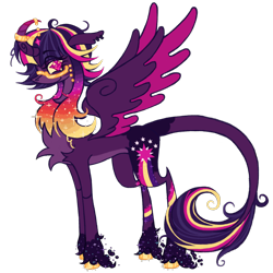 Size: 2048x2048 | Tagged: safe, artist:cingulomana, part of a set, twilight sparkle, alicorn, pony, g4, ahoge, alternate accessories, alternate color palette, alternate eye color, alternate hairstyle, alternate mane color, alternate tail color, alternate tailstyle, alternate universe, blaze (coat marking), chest fluff, coat markings, colored, colored belly, colored hooves, colored horn, colored wings, colored wingtips, concave belly, curved horn, ear fluff, ethereal fetlocks, ethereal mane, eye clipping through hair, eyebrows, eyebrows visible through hair, eyelashes, facial markings, female, flat colors, floppy ears, gold hooves, height difference, high res, hooves, horn, horn ring, leonine tail, lidded eyes, long mane, long neck, long tail, mare, mealy mouth (coat marking), multicolored mane, multicolored tail, pale belly, pink pupils, pink wingtips, profile, purple coat, purple wings, ring, shiny hooves, shoulder fluff, simple background, slender, smiling, socks (coat markings), solo, sparkly mane, spread wings, standing, starry eyes, starry fetlocks, starry mane, tail, thin, thin legs, transparent background, twilight sparkle (alicorn), two toned wings, unshorn fetlocks, unusual pupils, wall of tags, wingding eyes, wings, wolf cut, yellow hooves