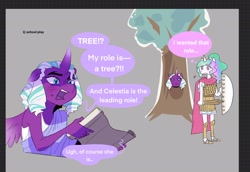 Size: 2044x1410 | Tagged: safe, artist:aztrial, opaline arcana, princess celestia, alicorn, anthro, plantigrade anthro, g5, blush lines, blushing, centurion, clothes, costume, dialogue, duo, duo female, emanata, female, frown, gray background, lidded eyes, plewds, school play, shield, simple background, speech bubble, sword, thought bubble, toga, tree costume, weapon, young celestia, younger