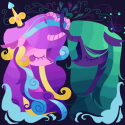 Size: 2048x2048 | Tagged: safe, artist:cingulomana, princess cadance, queen chrysalis, alicorn, changeling, changeling queen, pony, g4, alternate color palette, alternate design, alternate mane color, alternate universe, black background, blaze (coat marking), changeling horn, chest fluff, coat markings, colored, colored eartips, colored eyebrows, colored hooves, colored horn, colored pupils, crown, curly mane, curved horn, duo, duo female, ear fluff, eye clipping through hair, eyelashes, eyes closed, eyeshadow, facial markings, facing each other, female, flat colors, floating heart, floppy ears, green mane, heart, heart horn, high res, horn, horns are touching, infidelity, jewelry, lesbian, lineless, long horn, long mane, mare, multicolored mane, multicolored tail, neck fluff, no mouth, pink coat, profile, purple body, purple eyes, purple pupils, regalia, ship:cadalis, shipping, simple background, straight mane, tail, three toned mane, three toned tail, tri-color mane, tri-color tail, tri-colored mane, tri-colored tail, tricolor mane, tricolor tail, tricolored mane, tricolored tail, unshorn fetlocks, wall of tags, watermark