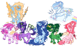 Size: 2048x1228 | Tagged: safe, artist:cingulomana, part of a set, alicorn, earth pony, pegasus, pony, unicorn, armband, artificial alicorn, artificial wings, augmented, beanbrows, big eyes, big tail, blaze (coat marking), blonde mane, blonde tail, blue coat, blue eyelashes, blue eyes, blue mane, blue pupils, blue tail, bow, braid, chest fluff, choker, chubby, clothes, cloud, coat markings, collar, colored, colored belly, colored eartips, colored eyebrows, colored eyelashes, colored hooves, colored horntip, colored pupils, colored wings, colored wingtips, concave belly, crossed hooves, curly mane, curly tail, curved horn, cutie mark eyes, dagger, ear fluff, ear piercing, ear tufts, earring, eye clipping through hair, eyebrows, eyebrows visible through hair, eyelashes, eyeshadow, facial markings, fangs, female, flat colors, flight trail, floppy ears, flying, freckles, frills, frilly socks, fur collar, glowing, glowing horn, goggles, goggles on head, gold hooves, gold jewelry, green coat, green eyes, green mane, green pupils, green tail, group, hair accessory, hair bow, hairclip, halo, headband, heart, heart eyes, heart mark, height difference, hooves, horn, jewelry, kunai, leg fluff, lidded eyes, lightly watermarked, long ears, long mane, long socks, long tail, looking at someone, looking back, lucky charms, lying down, lying on a cloud, magic, magic wings, magical girl, makeup, mane accessory, mare, microphone, mismatched hooves, mob cap, multicolored eyes, multicolored hooves, multicolored mane, multicolored tail, multicolored wingtips, neck fluff, no pupils, nose piercing, on a cloud, open mouth, open smile, pale belly, partially open wings, piercing, pink coat, pink eyelashes, pink eyes, pink eyeshadow, pink hooves, pink mane, pink tail, polka dot socks, ponified, ponytail, profile, prone, purple bow, purple coat, purple eyelashes, purple eyes, purple eyeshadow, purple hooves, purple mane, purple pupils, purple tail, rainbow eyes, raised hoof, raised leg, ring, scepter, septum piercing, shamrock, shiny hooves, shoulder fluff, signature, simple background, slender, small wings, smiling, smiling at someone, socks, sparkly eyes, sparkly hooves, sparkly wings, spear, standing, starry eyes, striped, striped ears, stripes, tail, tail bow, tail ring, telekinesis, thick eyelashes, thin, three toned mane, three toned tail, three toned wings, tied mane, tied tail, transparent background, tri-color mane, tri-color tail, tri-colored mane, tri-colored tail, tricolor mane, tricolor tail, tricolored mane, tricolored tail, two toned eyes, two toned mane, two toned tail, underhoof, unicorn horn, unique horn, unshorn fetlocks, walking, wall of tags, watermark, wavy mane, wavy tail, weapon, white magic, wingding eyes, winged hooves, wings, wolf cut, yellow eyelashes, yellow eyes, yellow eyeshadow, yellow hooves, yellow magic