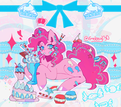 Size: 2048x1820 | Tagged: safe, artist:emoboy130, pinkie pie, earth pony, pony, g4, abstract background, alternate accessories, alternate mane color, alternate tail color, bandaid, blue bow, blue eyes, bow, cake, cake slice, colored hooves, colored pinnae, cupcake, curly mane, curly tial, drink, drinking, drinking straw, ear fluff, ear piercing, earring, female, floating crown, floating heart, food, hair accessory, hair bow, hairclip, heart, heart mark, jewelry, long eyelashes, long mane, long tail, looking back, lying down, macaron, mane accessory, mare, milkshake, outline, piercing, pink coat, pink eyelashes, pink hooves, pink mane, pink tail, prone, ribbon, shiny hooves, shrunken pupils, signature, solo, sparkles, sprinkles in mane, sprinkles in tail, sticker, tail, tail accessory, tail bow, tail clip, two toned mane, two toned tail, zoom layer