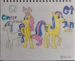 Size: 2953x2401 | Tagged: safe, artist:blackblade360, bon bon, bon bon (g1), gingerbread, sweetie drops, earth pony, pony, g1, g4, blue eyes, colored pencil drawing, cyan eyes, evolution, female, generation leap, irl, mare, multicolored mane, multicolored tail, paper, photo, pink mane, pink tail, raised leg, rearing, signature, smiling, tail, tan coat, title card, traditional art, two toned mane, two toned tail, yellow coat