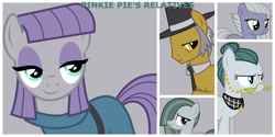 Size: 1024x512 | Tagged: safe, artist:cencerberon, artist:kooner-cz, artist:timelordomega, edit, editor:jaredking779, cloudy quartz, igneous rock pie, limestone pie, marble pie, maud pie, earth pony, pony, g4, father and child, father and daughter, female, gray background, husband and wife, male, mare, mother and child, mother and daughter, pie family, pie sisters, siblings, simple background, sisters, smiling, stallion, when she smiles