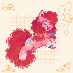 Size: 2000x2000 | Tagged: safe, artist:qalrey, pinkie pie, earth pony, pony, g4, appaloosa, balloon, bow, cake, cake slice, coat markings, colored hooves, female, food, grid background, hair bow, high res, hooves, looking at you, mare, muffin, multicolored hooves, one eye closed, open mouth, open smile, smiling, smiling at you, solo, sprinkles, wink, winking at you