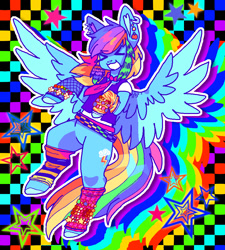Size: 900x1000 | Tagged: safe, artist:qalrey, rainbow dash, pegasus, pony, g4, :3, ><, bracelet, checkered background, clothes, ear piercing, earring, eyes closed, eyestrain warning, female, fishnet clothing, flying, jewelry, leg warmers, mare, necktie, piercing, rainbow background, scene, solo, spread wings, stars, wings