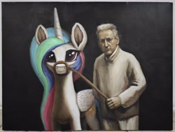 Size: 4007x3027 | Tagged: safe, artist:爱画画的刀刀, princess celestia, alicorn, human, pony, black and white, black background, bridle, british, english, grayscale, looking at you, lucian freud, monochrome, oil painting, simple background, smiling, tack, traditional art