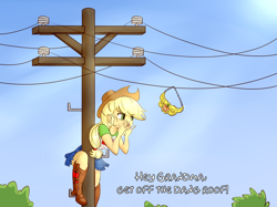 Size: 2860x2136 | Tagged: safe, artist:nedemai, applejack, human, equestria girls, g4, atg 2024, element of honesty, female, high res, implied granny smith, newbie artist training grounds, offscreen character, power line, simpsons did it, solo, telephone pole, yelling
