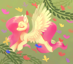 Size: 2048x1781 | Tagged: safe, artist:qalrey, fluttershy, butterfly, pegasus, pony, g4, beanbrows, eyebrows, eyes closed, female, flying, gradient background, mare, smiling, solo, spread wings, vine, wings