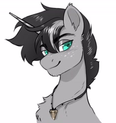 Size: 3851x4096 | Tagged: safe, artist:opalacorn, oc, oc only, pony, unicorn, bust, chest fluff, horn, jewelry, lidded eyes, looking at you, male, necklace, simple background, smiling, smiling at you, solo, stallion, traditional art, white background