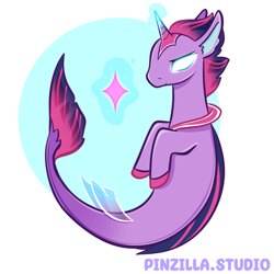 Size: 640x640 | Tagged: safe, artist:pinzillastudio, oc, oc only, pony, seapony (g4), g4, bubble, dorsal fin, female, fin, fins, fish tail, floppy ears, flowing mane, flowing tail, fusion, fusion:novosparkle, fusion:queen novo, fusion:twilight sparkle, glowing, glowing eyes, glowing horn, gradient mane, horn, jewelry, magic, magic aura, ocean, peytral, regalia, seaponified, seapony oc, simple background, solo, sparkles, species swap, swimming, tail, underwater, water, white background