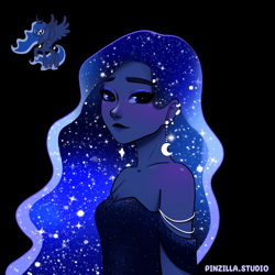 Size: 640x640 | Tagged: safe, artist:pinzillastudio, princess luna, alicorn, human, pony, equestria girls, g4, black background, clothes, dress, ear piercing, earring, ethereal hair, eyeshadow, female, humanized, jewelry, makeup, piercing, pony coloring, simple background, solo, sparkles