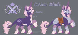 Size: 1700x775 | Tagged: safe, artist:dannonhynha, oc, oc only, unicorn, armor, armored pony, beard, cutie mark, facial hair, flower, horn, looking at you, male, purple eyes, purple mane, reference sheet, solo, sword, weapon