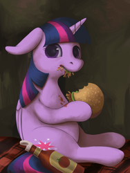 Size: 2700x3600 | Tagged: safe, artist:taytinabelle, derpibooru exclusive, twilight sparkle, alicorn, pony, blank stare, borgarposting, burger, female, food, hay, hay burger, ketchup, mare, messy eating, no thoughts head empty, ponified, ponified animal photo, sauce, solo, stare, that pony sure does love burgers, twilight sparkle (alicorn)