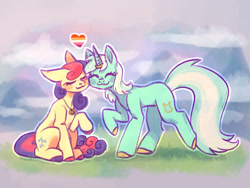 Size: 2000x1500 | Tagged: safe, artist:qalrey, bon bon, lyra heartstrings, sweetie drops, earth pony, pony, unicorn, g4, ^^, blushing, colored hooves, cute, duo, duo female, eyes closed, female, grass, heart, horn, horn ring, jewelry, lesbian, lesbian pride flag, mare, necklace, nuzzling, pride, pride flag, ring, ship:lyrabon, shipping, smiling