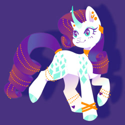 Size: 2000x2000 | Tagged: safe, artist:qalrey, rarity, pony, unicorn, g4, :3, bracelet, choker, colored hooves, colored horn, ear piercing, earring, eyeshadow, female, gem, heart, horn, jewelry, makeup, mane jewelry, mare, piercing, purple background, ring, shadow, simple background, smiling, solo, tail, tail jewelry, tail ring