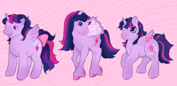 Size: 4500x2185 | Tagged: safe, artist:fhroggy, twilight sparkle, alicorn, pony, g1, g2, g3, g4, blushing, bow, colored hooves, female, g4 to g1, g4 to g2, g4 to g3, generation leap, multeity, open mouth, open smile, smiling, solo, sparkle sparkle sparkle, tail, tail bow, triality, twilight sparkle (alicorn)