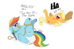 Size: 1931x1281 | Tagged: safe, artist:zeccy, applejack, rainbow dash, earth pony, pegasus, pony, g4, :t, atg 2024, duo, duo female, emanata, fail, female, laughing, lying down, newbie artist training grounds, on back, open mouth, open smile, rope, smiling, tangled up, volumetric mouth