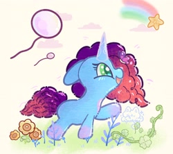 Size: 3370x2993 | Tagged: safe, artist:winstiky, misty brightdawn, pony, unicorn, g5, balloon, flower, horn, smiling, solo