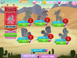 Size: 2048x1536 | Tagged: safe, gameloft, idw, cactus rose, crystal (g4), dust devil (idw), maji, marini, ms. alegre, zahid, abada, kelpie, zebra, g4, my little pony: magic princess, official, black sclera, cloven hooves, coat markings, coin, collection, costs real money, english, female, gem, horn, idw showified, male, mobile game, nonbinary, numbers, sale, stallion, swirls, swirly markings, text, timer
