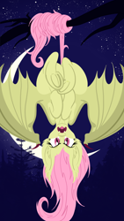 Size: 2250x4000 | Tagged: safe, artist:sixes&sevens, fluttershy, bat pony, angry, bat ponified, crescent moon, cute, cute little fangs, fangs, flutterbat, looking at you, moon, night, outdoors, phone wallpaper, race swap, solo, spread wings, upside down, wings