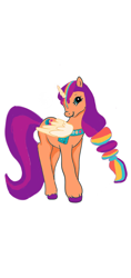 Size: 640x1353 | Tagged: safe, artist:zerepolho, sunny starscout, alicorn, pony, g2, g5, artificial horn, artificial wings, augmented, bag, base used, female, g5 to g2, generation leap, mane stripe sunny, mare, race swap, saddle bag, simple background, smiling, solo, sunnycorn, white background, wings