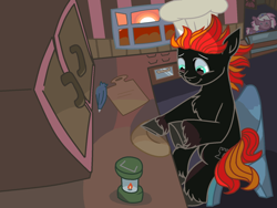 Size: 1632x1226 | Tagged: safe, artist:alulabelfry, derpibooru exclusive, oc, oc only, oc:candy heart, oc:zitrus mixus, earth pony, pegasus, bakery, baking, chef, chef's hat, chess piece, cooking, cooking love, dark background, earth pony oc, hat, icing bag, kitchen, lantern, ms paint, pegasus oc, sitting, sunset