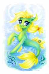 Size: 794x1200 | Tagged: safe, artist:maytee, oc, oc only, seapony (g4), blue eyes, bubble, colored pencil drawing, commission, cute, dorsal fin, eyelashes, female, fin, fins, fish tail, floppy ears, flowing mane, flowing tail, happy, looking at you, mare, ocean, scales, seapony oc, seaweed, signature, smiling, smiling at you, solo, sunlight, swimming, tail, traditional art, underwater, water, yellow mane, yellow tail