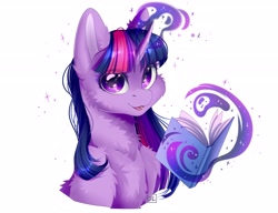 Size: 2560x1970 | Tagged: safe, artist:dark_lu, artist:dark_lu~, twilight sparkle, pony, unicorn, g4, book, cheek fluff, chest fluff, eye clipping through hair, female, fluffy, horn, levitation, looking at you, magic, mare, open mouth, open smile, simple background, smiling, smiling at you, solo, sparkles, telekinesis, unicorn twilight, white background