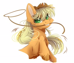 Size: 2500x2150 | Tagged: safe, artist:dark_lu, applejack, earth pony, pony, g4, applejack's hat, cheek fluff, chest fluff, cowboy hat, eyebrows, eyebrows visible through hair, female, hat, lasso, looking at you, mare, mouth hold, rope, simple background, smiling, smiling at you, solo, unshorn fetlocks, white background