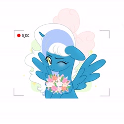 Size: 6890x6890 | Tagged: safe, artist:riofluttershy, oc, oc only, oc:fleurbelle, alicorn, pony, alicorn oc, blushing, bow, female, hair bow, holding flowers, horn, mare, one eye closed, shy, simple background, solo, white background, wings, wink, yellow eyes