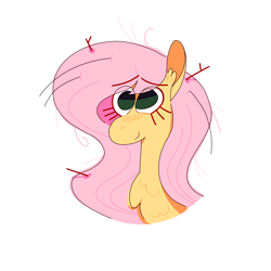 Size: 2048x2048 | Tagged: safe, artist:hazelnoods, fluttershy, pegasus, pony, g4, blushing, bust, chest fluff, eye clipping through hair, eyebrows, eyebrows visible through hair, female, high res, long eyelashes, mare, simple background, smiling, solo, stick, stick in hair, white background