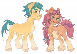 Size: 2048x1439 | Tagged: safe, artist:kapusha-blr, hitch trailblazer, sunny starscout, earth pony, pony, g5, coat markings, countershading, duo, duo male and female, female, male, mare, simple background, smiling, socks (coat markings), stallion, white background