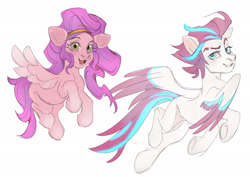 Size: 2048x1452 | Tagged: safe, artist:kapusha-blr, pipp petals, zipp storm, pegasus, pony, g5, duo, duo female, female, flying, mare, royal sisters (g5), siblings, simple background, sisters, smiling, spread wings, white background, wings