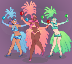 Size: 2000x1775 | Tagged: safe, artist:stevetwisp, emerald flare, sapphire sequins, sunset circus, human, bare shoulders, clothes, costume, dancing, dark skin, female, gloves, high heels, humanized, light skin, lipstick, long gloves, looking at you, maracas, midriff, moderate dark skin, musical instrument, raised leg, shoes, show mares, showgirl, sleeveless, smiling, trio, trio female